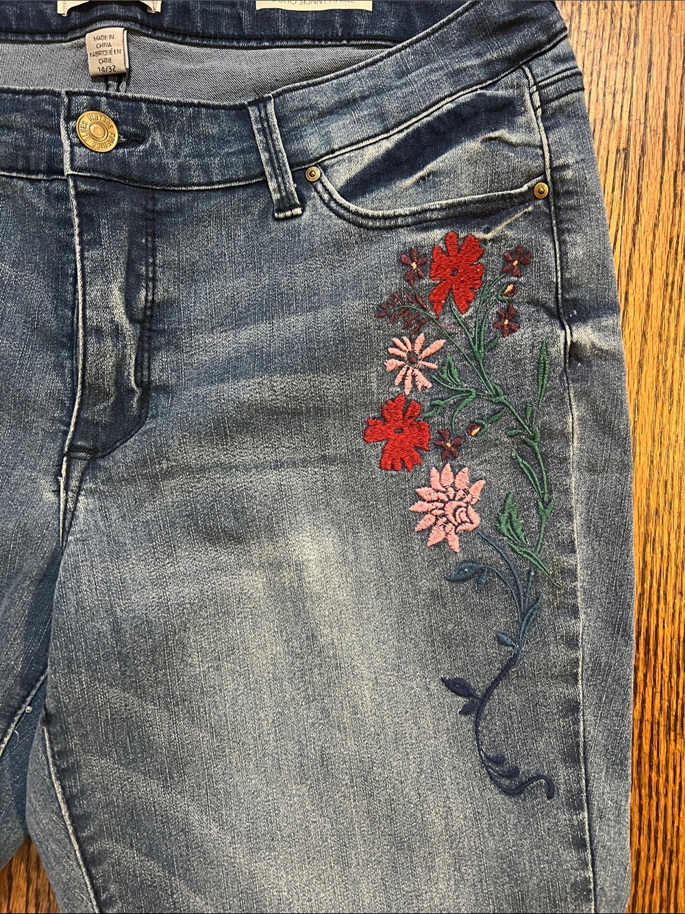 Embroidered Skinny Jeans in Mid Blue with Red & Pink Floral Detail